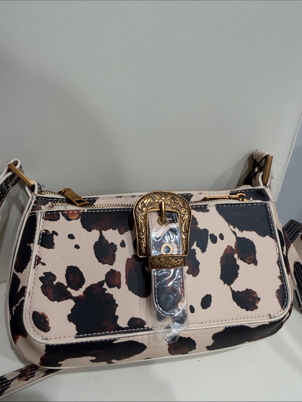 Steve Madden Beige/Brown/Gold/Black Cow Print Crossbody Bag - Picture 5 of 5